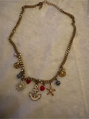 Nautical Charm Gold Anchor Necklace with Red Heart Accents